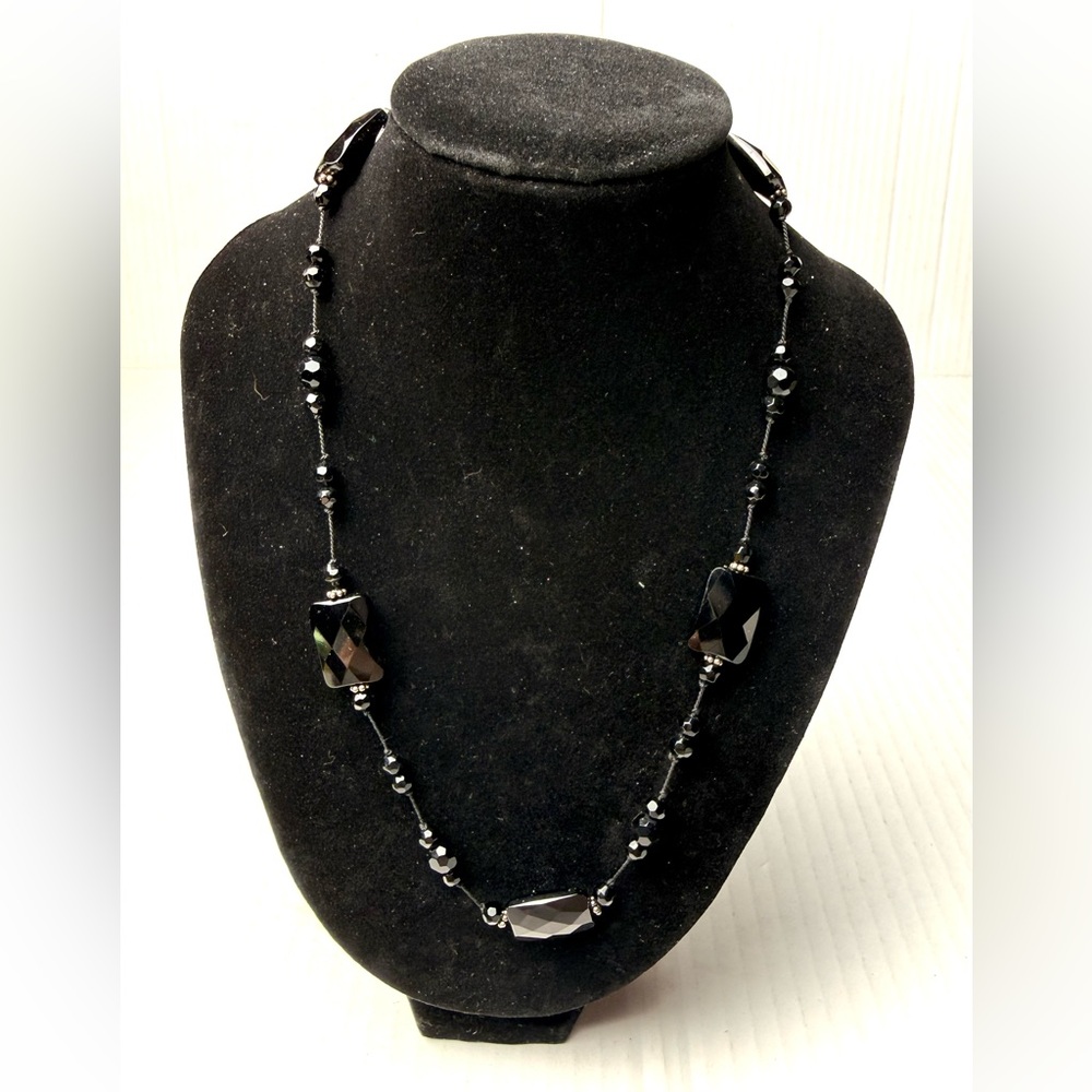 Vintage Black Jet Glass Crystal Beaded Necklace‎ Art Deco Gothic Retro Bohemian